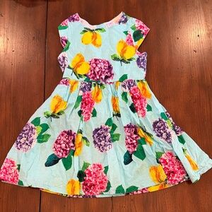 Girls' Aqua Floral & Lemon Cotton Dress